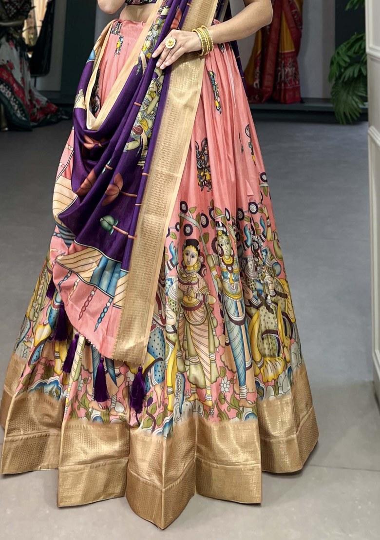 Peach Printed Silk Lehenga Set With Dupatta