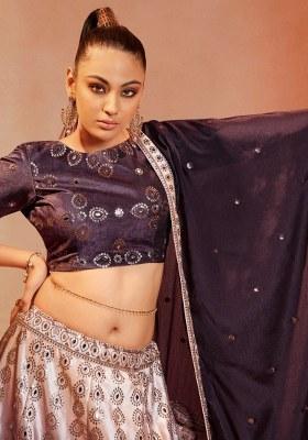 Purple Embroidered Velvet Lehenga Set With Dupatta