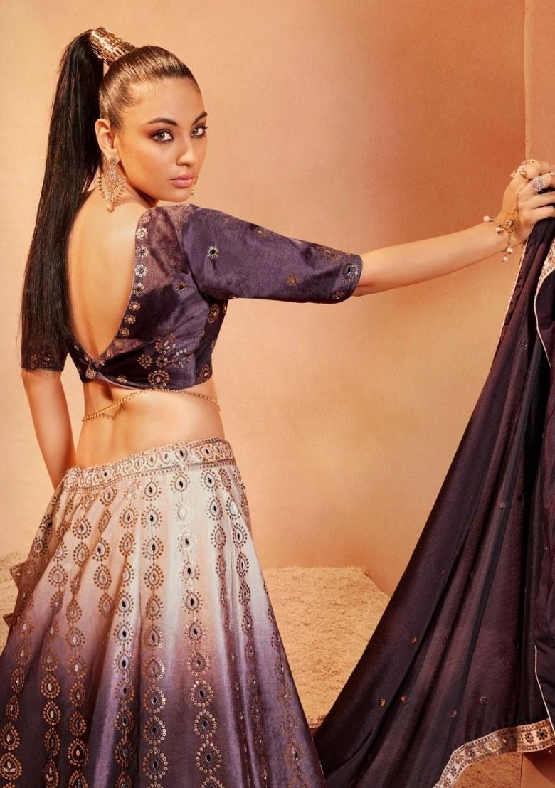 Purple Embroidered Velvet Lehenga Set With Dupatta