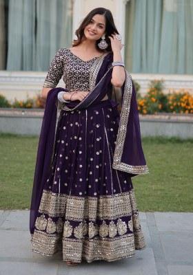 Purple Embroidered Georgette Lehenga Set With Dupatta