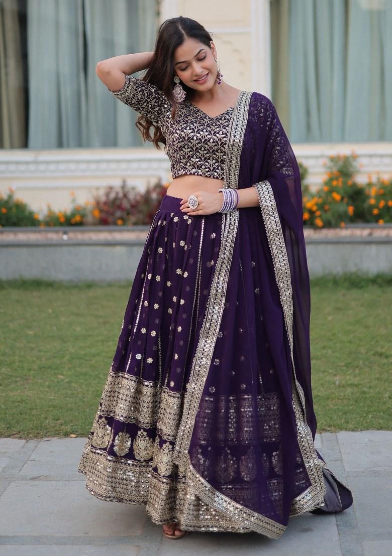 Purple Embroidered Georgette Lehenga Set With Dupatta