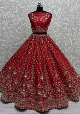 Red Embroidered Net Lehenga Set With Dupatta