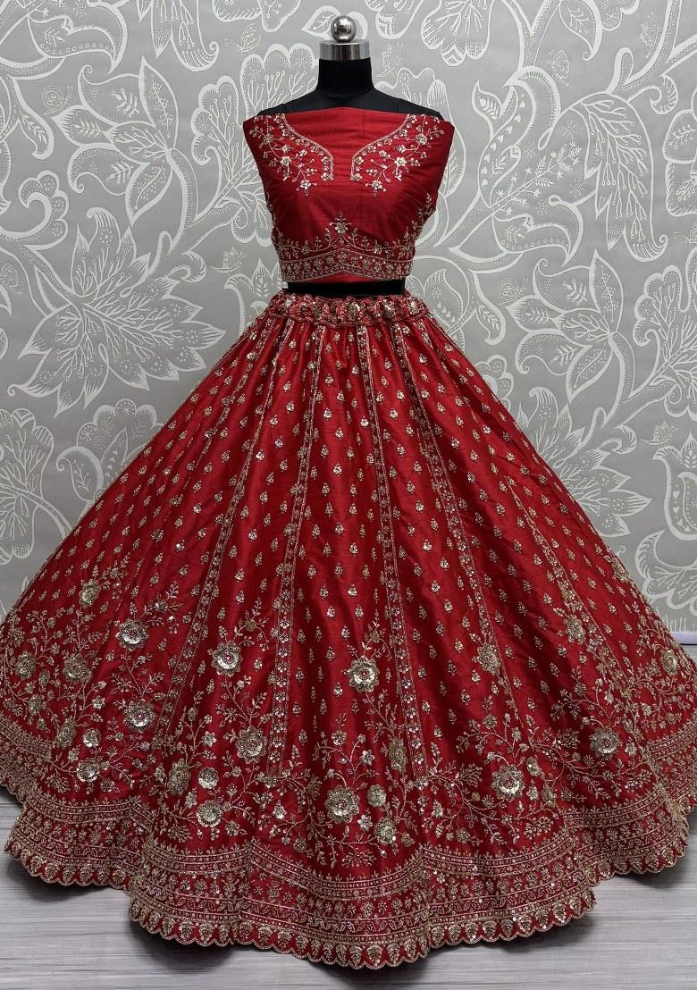Red Embroidered Net Lehenga Set With Dupatta