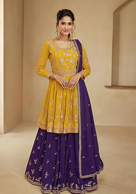Mustard Embroidered Georgette Lehenga Set