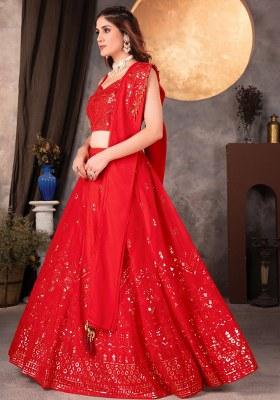 Red Embroidered Georgette Lehenga Set With Dupatta