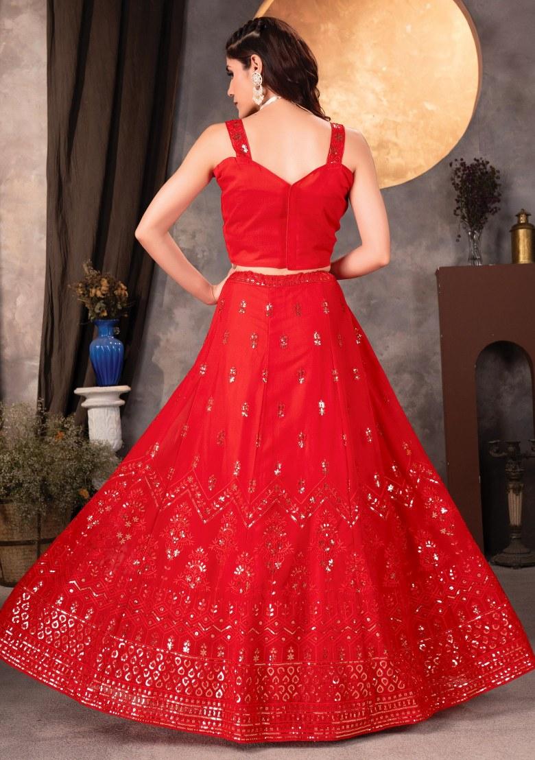 Red Embroidered Georgette Lehenga Set With Dupatta