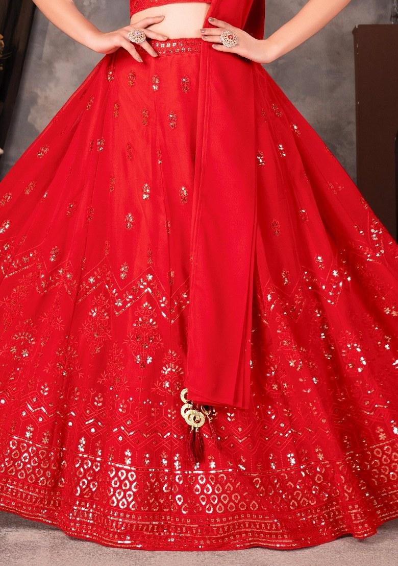 Red Embroidered Georgette Lehenga Set With Dupatta