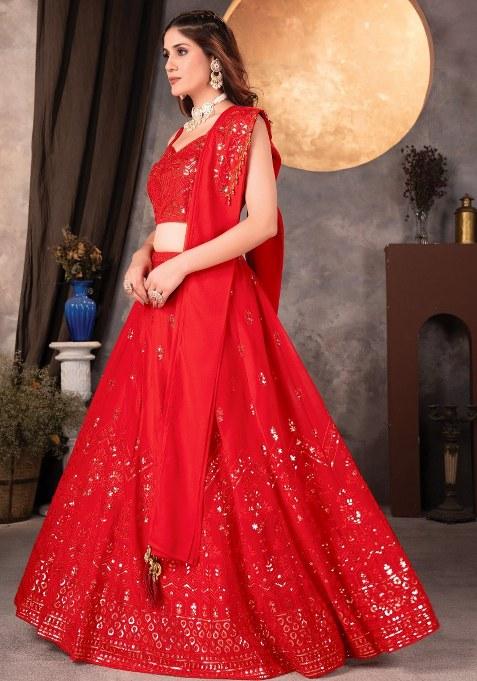 Red Embroidered Georgette Lehenga Set With Dupatta — view on Indya