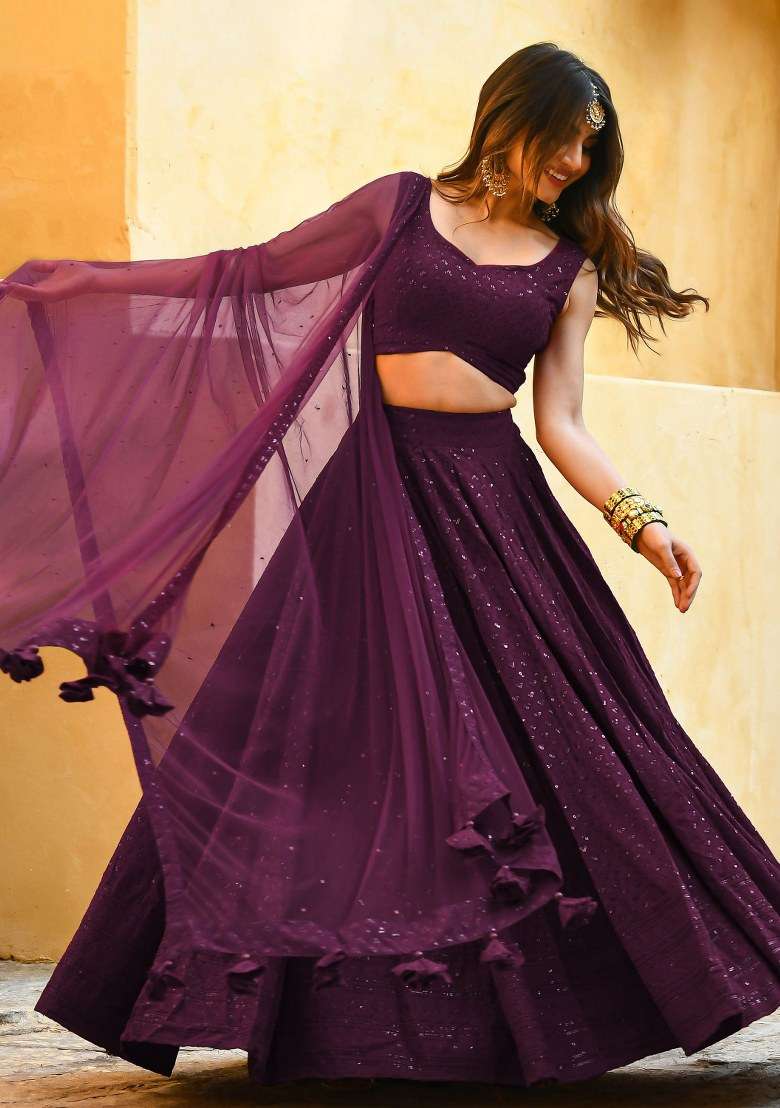 Purple Embroidered Georgette Lehenga Set With Dupatta for Diwali and Festive Wear - Indya
