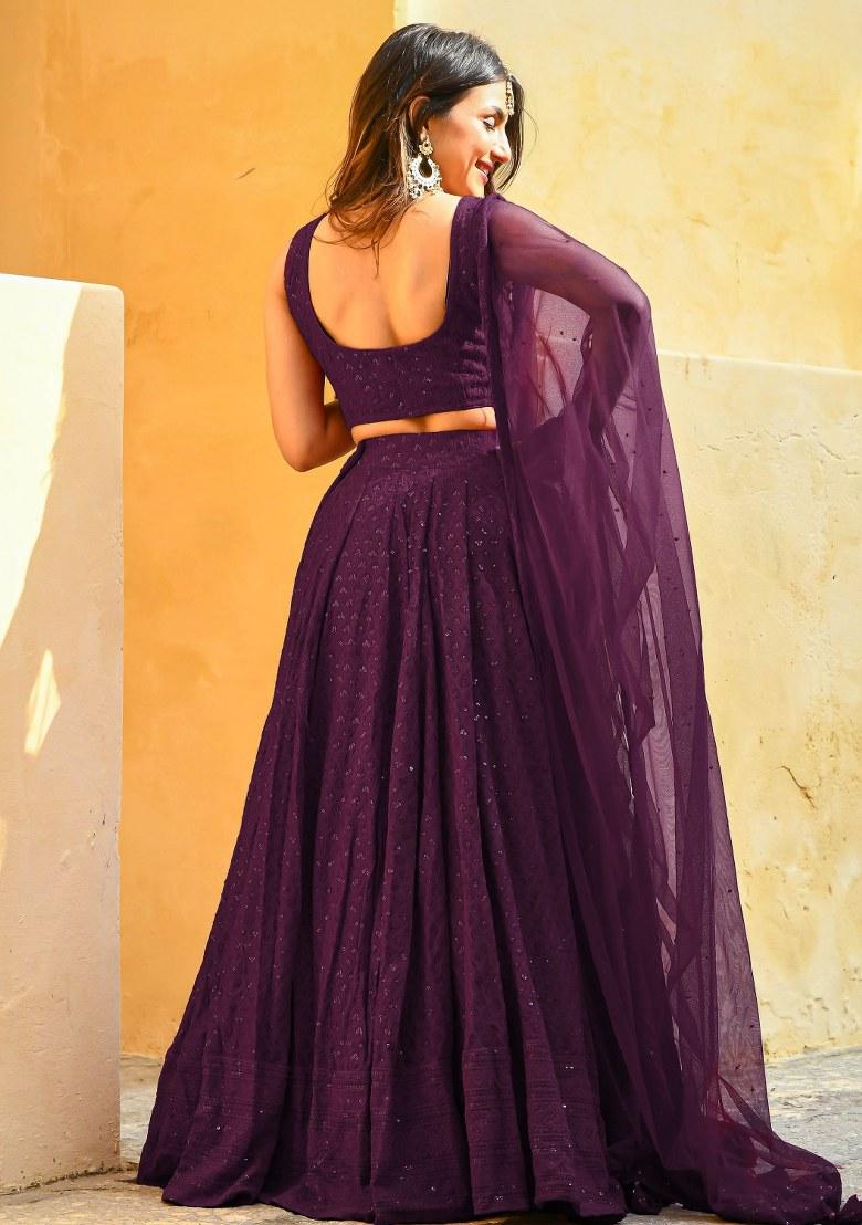 Purple Embroidered Georgette Lehenga Set With Dupatta