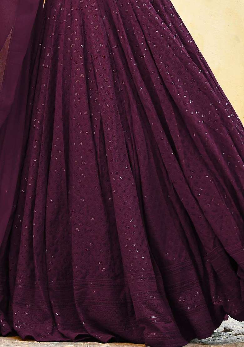 Purple Embroidered Georgette Lehenga Set With Dupatta for Diwali and Festive Wear - Indya