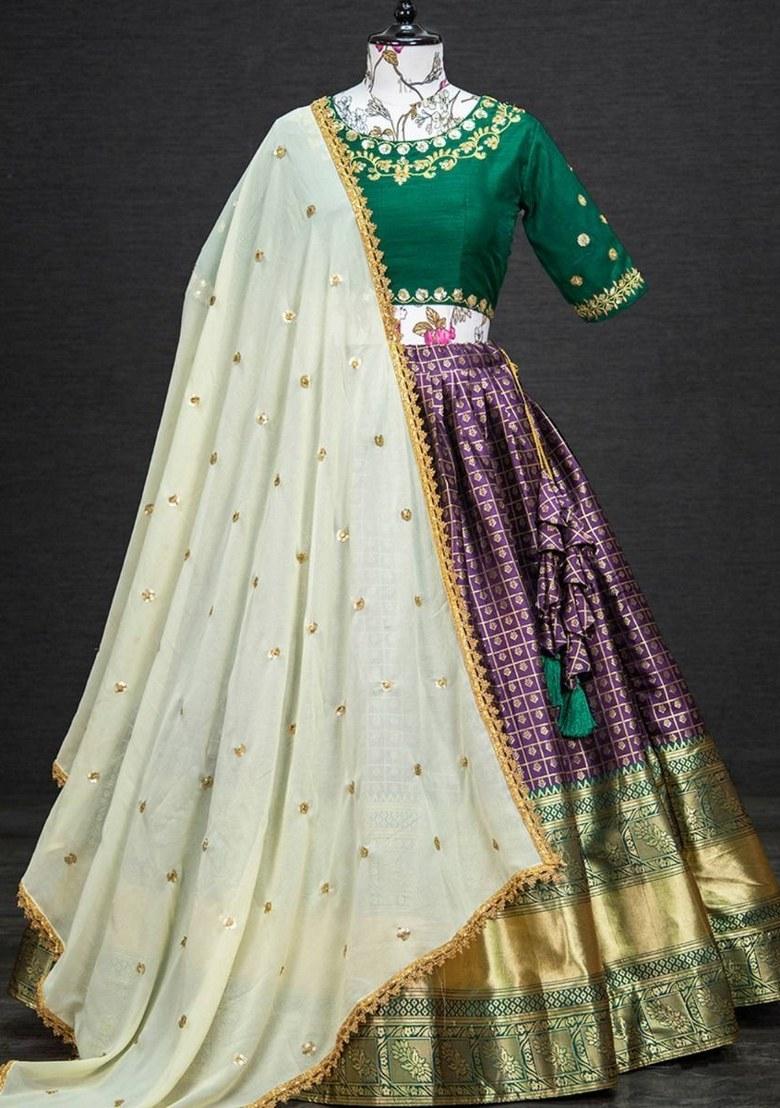 Purple Embroidered Silk Lehenga Set With Dupatta