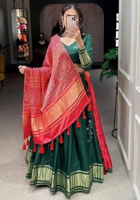 Green Printed Silk Lehenga Set With Dupatta