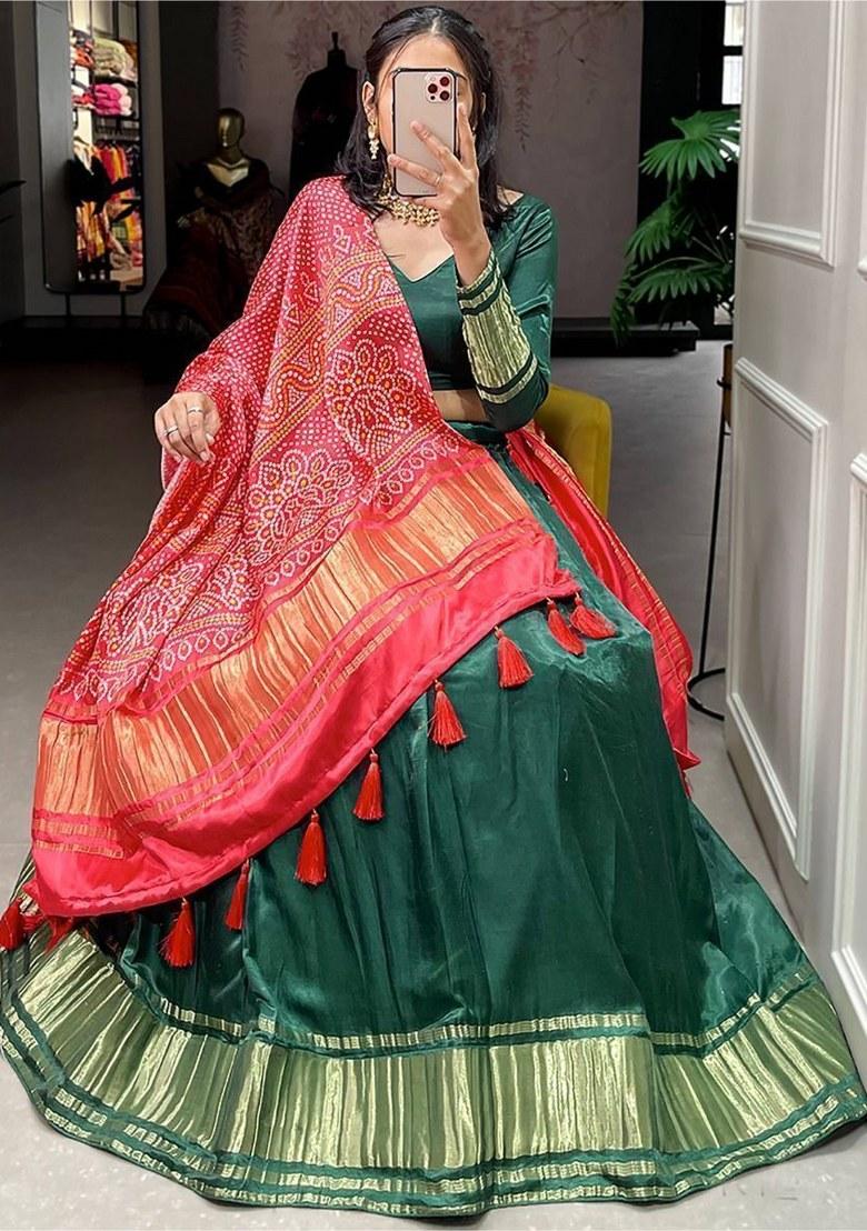 Green Printed Silk Lehenga Set With Dupatta