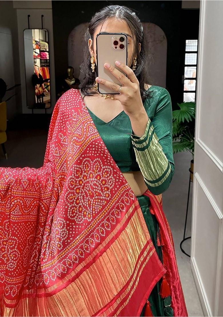 Green Printed Silk Lehenga Set With Dupatta