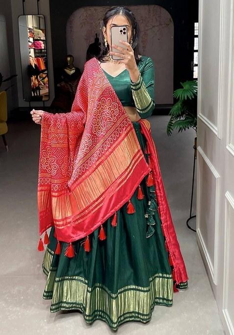Green Printed Silk Lehenga Set With Dupatta — view on Indya