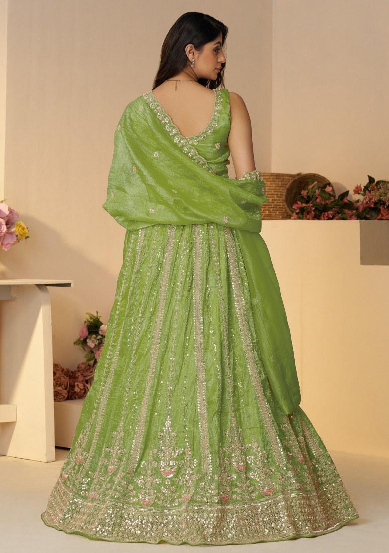 Green Embroidered Silk Lehenga Set With Dupatta