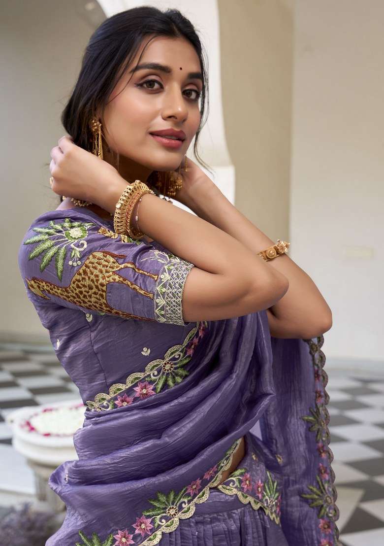 Lavender With Dupatta Organza Lehenga Set with Embroidered for Diwali | Wedding & Festive Wear - Indya