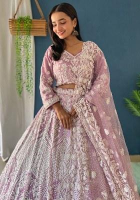 Purple Embroidered Net Lehenga Set With Dupatta