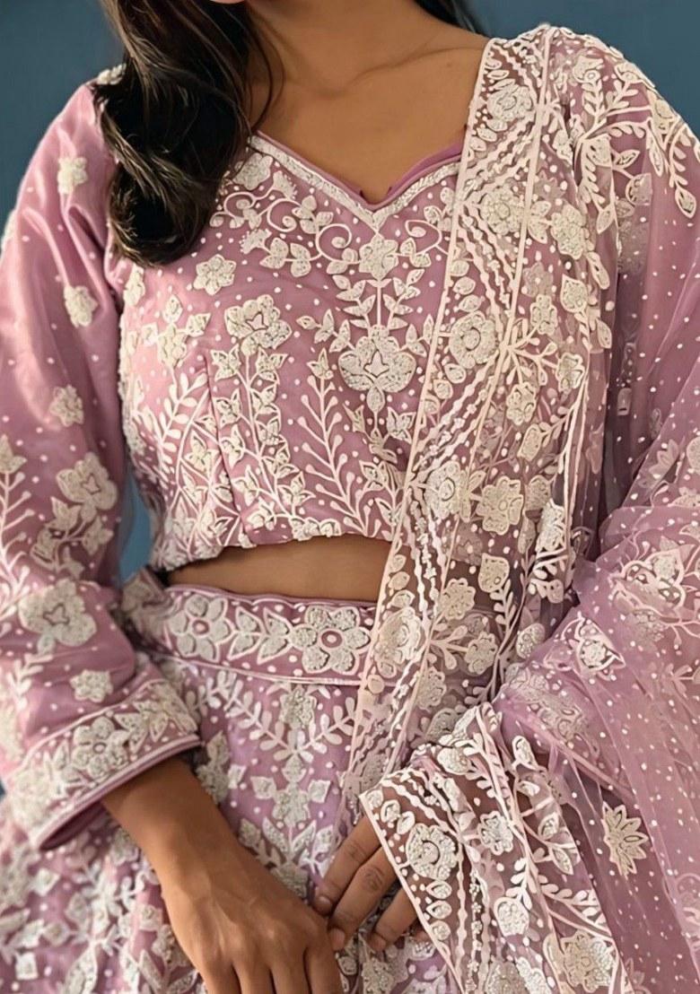 Purple Embroidered Net Lehenga Set With Dupatta