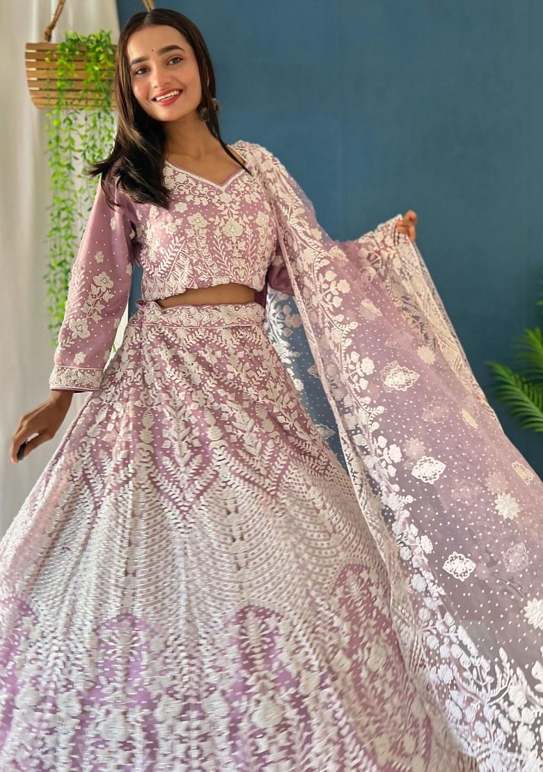 Purple Embroidered Net Lehenga Set With Dupatta