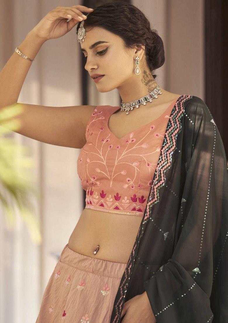 Orange Embroidered Art Silk Lehenga Set With Dupatta