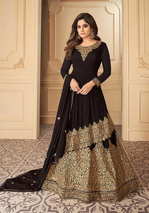Brown Embroidered Georgette Lehenga Set