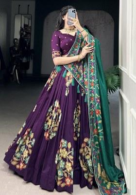 Purple Printed Silk Lehenga Set With Dupatta