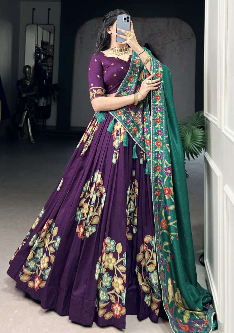 Purple Printed Silk Blend Lehenga Set With Dupatta - Indya