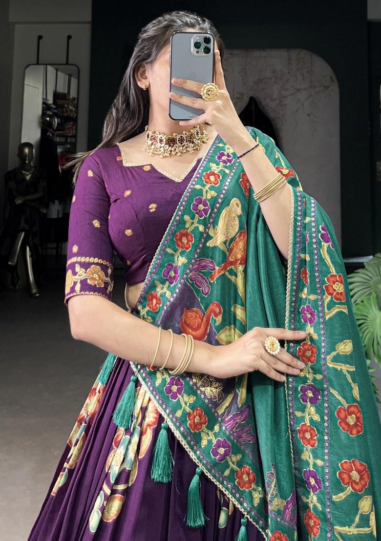 Purple Printed Silk Lehenga Set With Dupatta