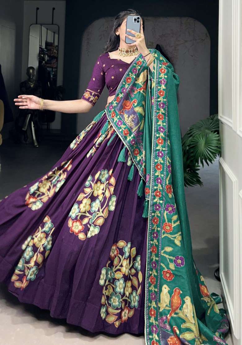 Purple Printed Silk Blend Lehenga Set With Dupatta - Indya