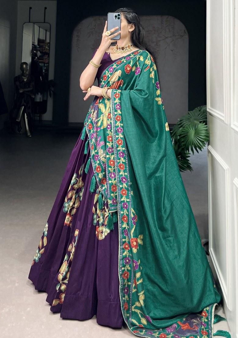 Purple Printed Silk Lehenga Set With Dupatta