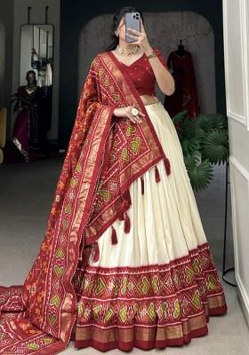 Red Printed Silk Lehenga Set With Dupatta