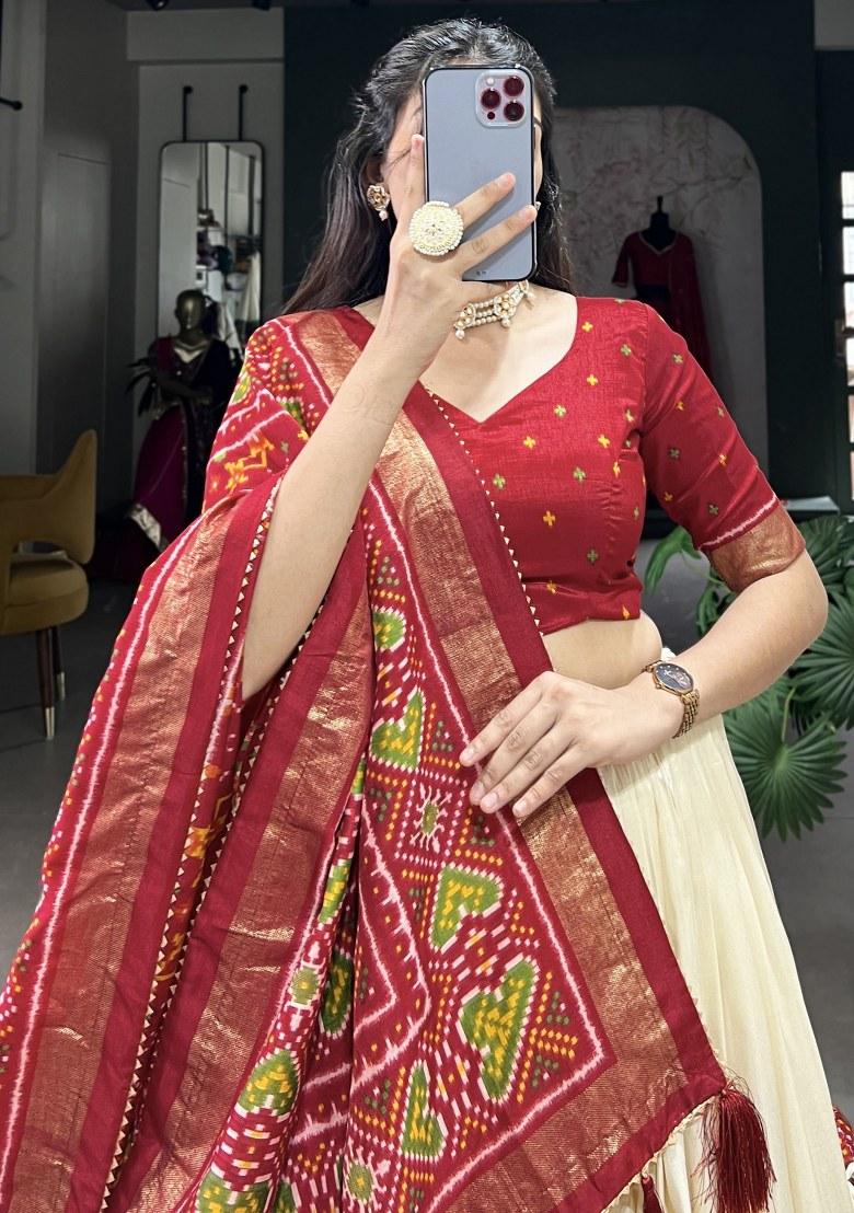 Red Printed Silk Lehenga Set With Dupatta