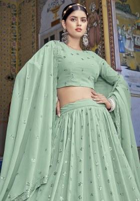 Green Embroidered Georgette Lehenga Set With Dupatta