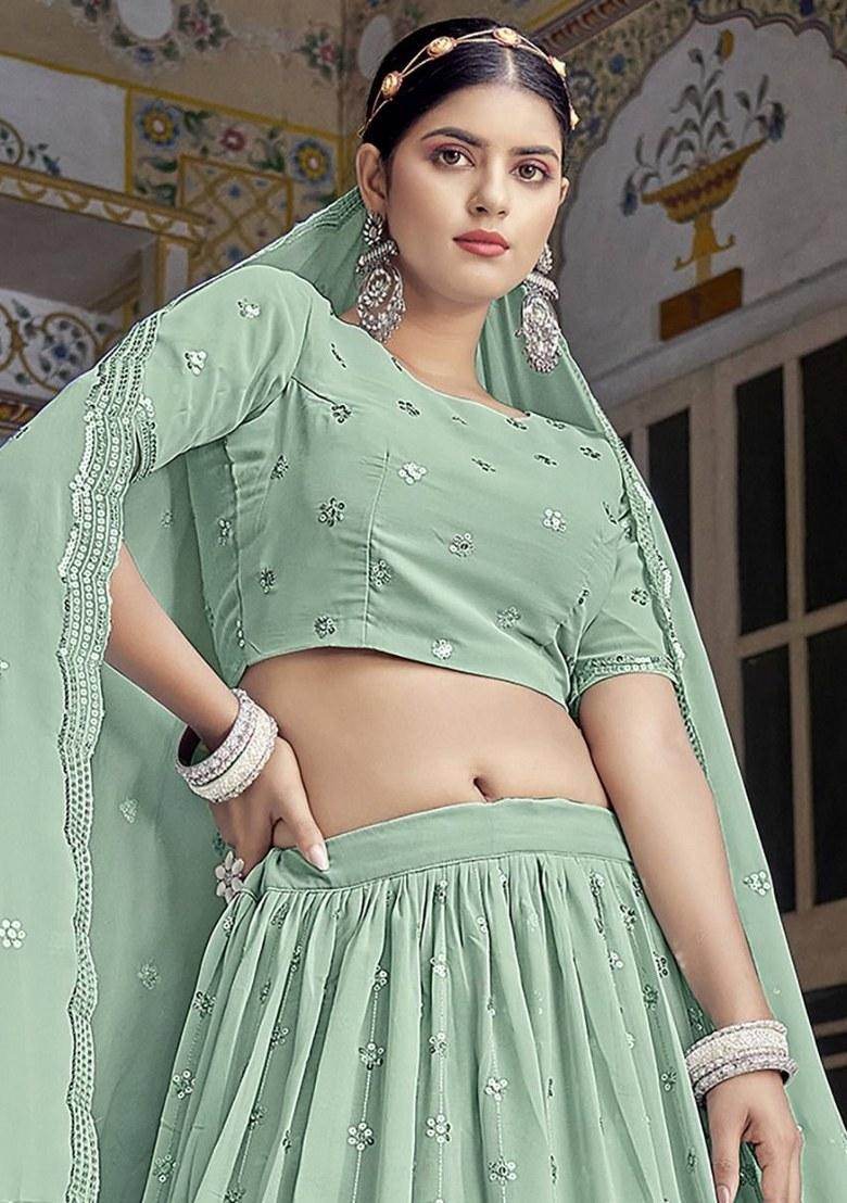 Green Embroidered Georgette Lehenga Set With Dupatta