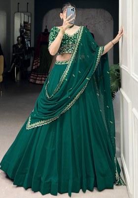 Green Embroidered Georgette Lehenga Set With Dupatta