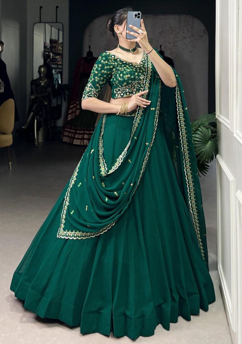 Green Embroidered Georgette Lehenga Set With Dupatta