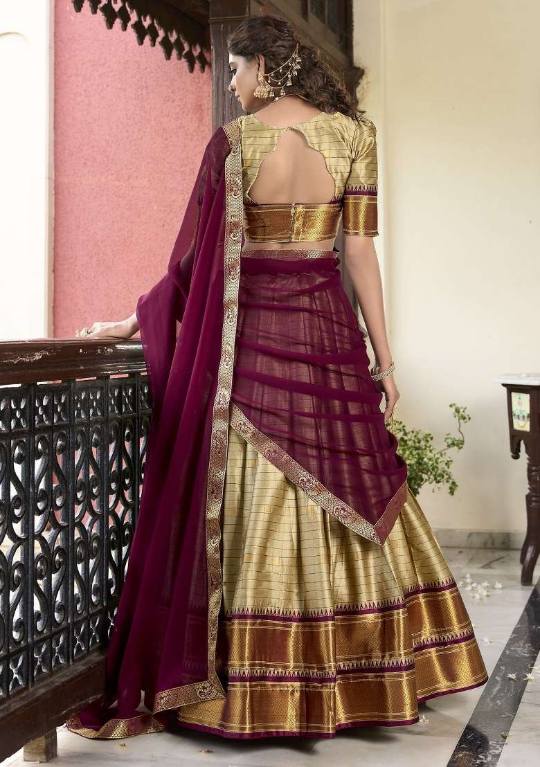 Brown Embroidered Silk Lehenga Set With Dupatta - Indya