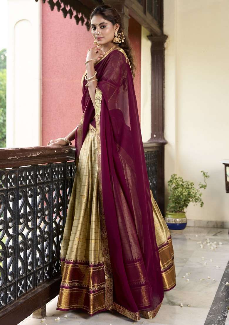 Brown Embroidered Silk Lehenga Set With Dupatta - Indya
