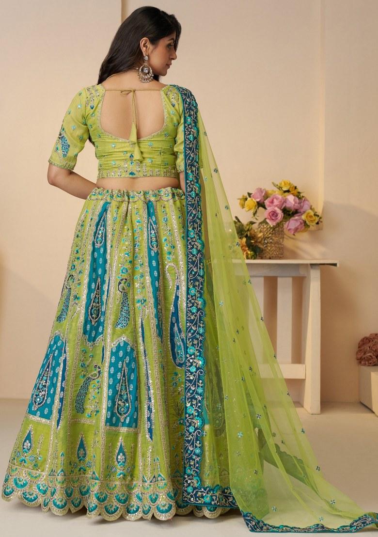 Green Embroidered Silk Lehenga Set With Dupatta
