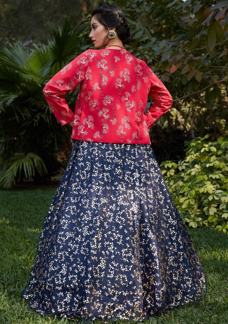 Blue Embroidered Net Lehenga Set With Dupatta