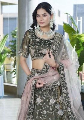 Green Embroidered Silk Lehenga Set With Dupatta