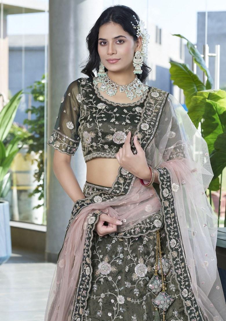 Green Embroidered Silk Lehenga Set With Dupatta