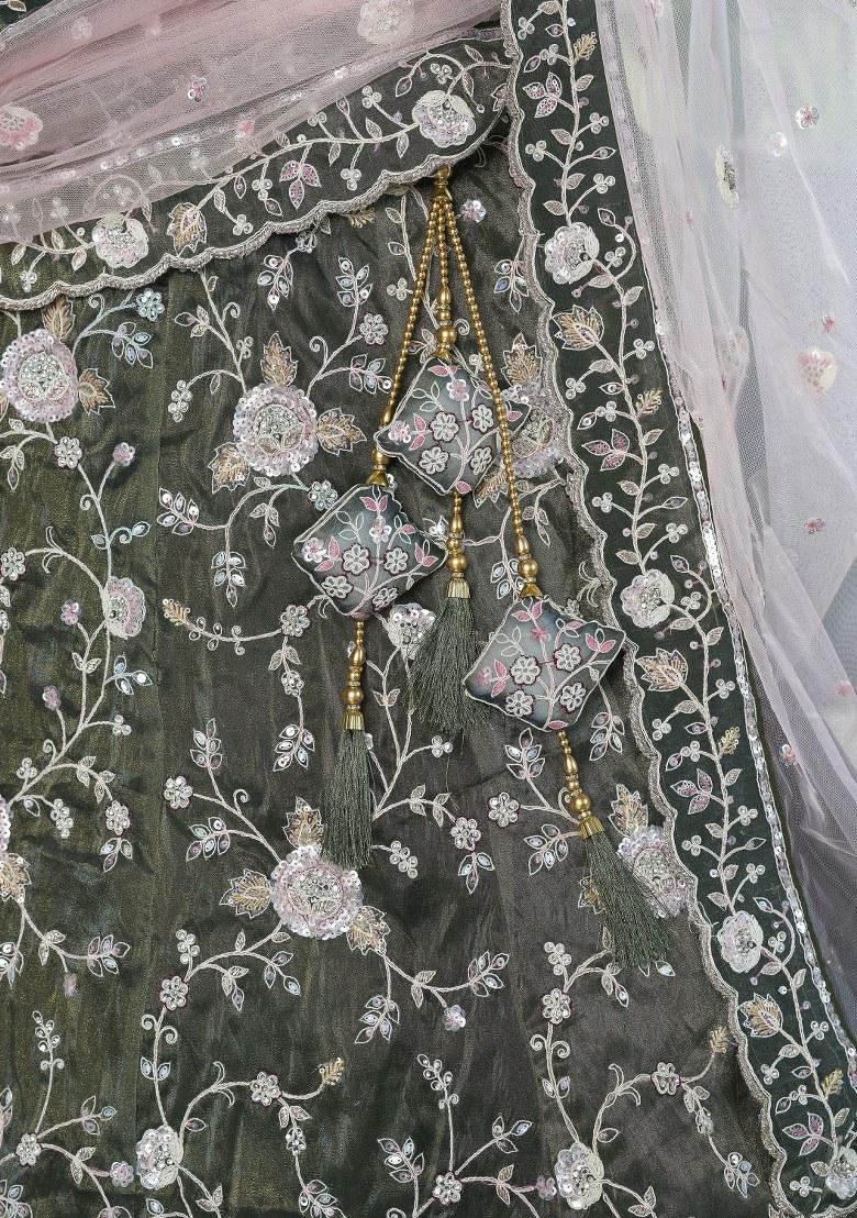 Green Embroidered Silk Lehenga Set With Dupatta