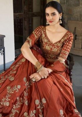 Orange Embroidered Silk Lehenga Set With Dupatta