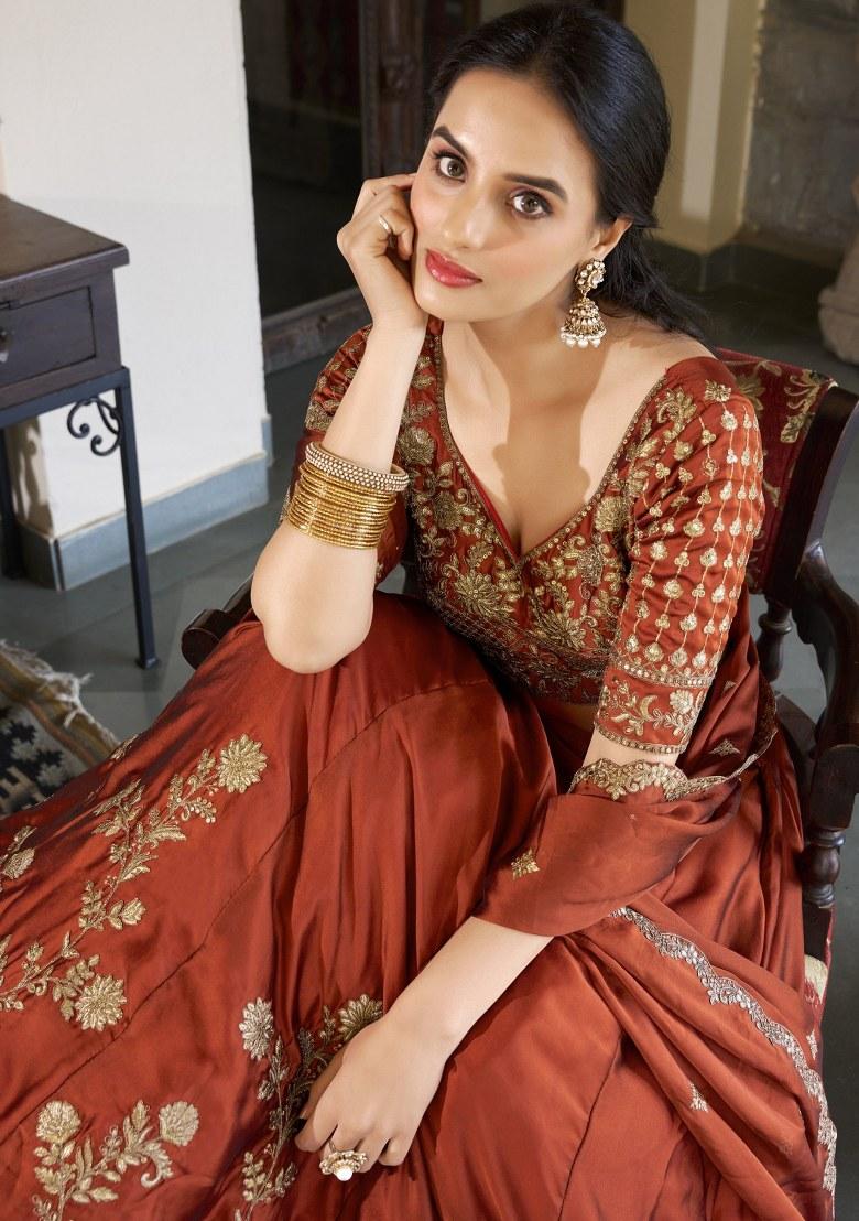 Orange Embroidered Silk Lehenga Set With Dupatta