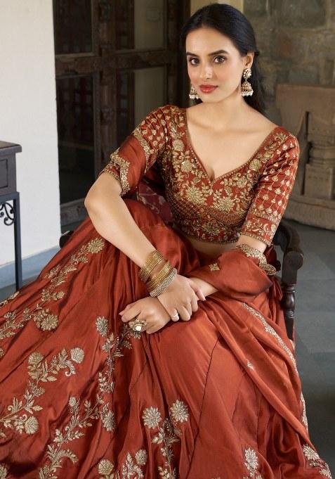 Orange Embroidered Silk Lehenga Set With Dupatta
