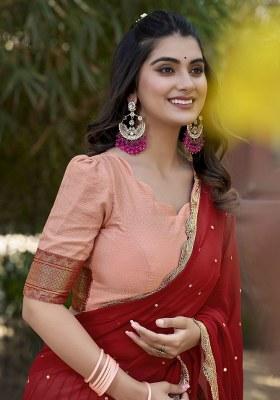 Peach Embroidered Cotton Lehenga Set With Dupatta