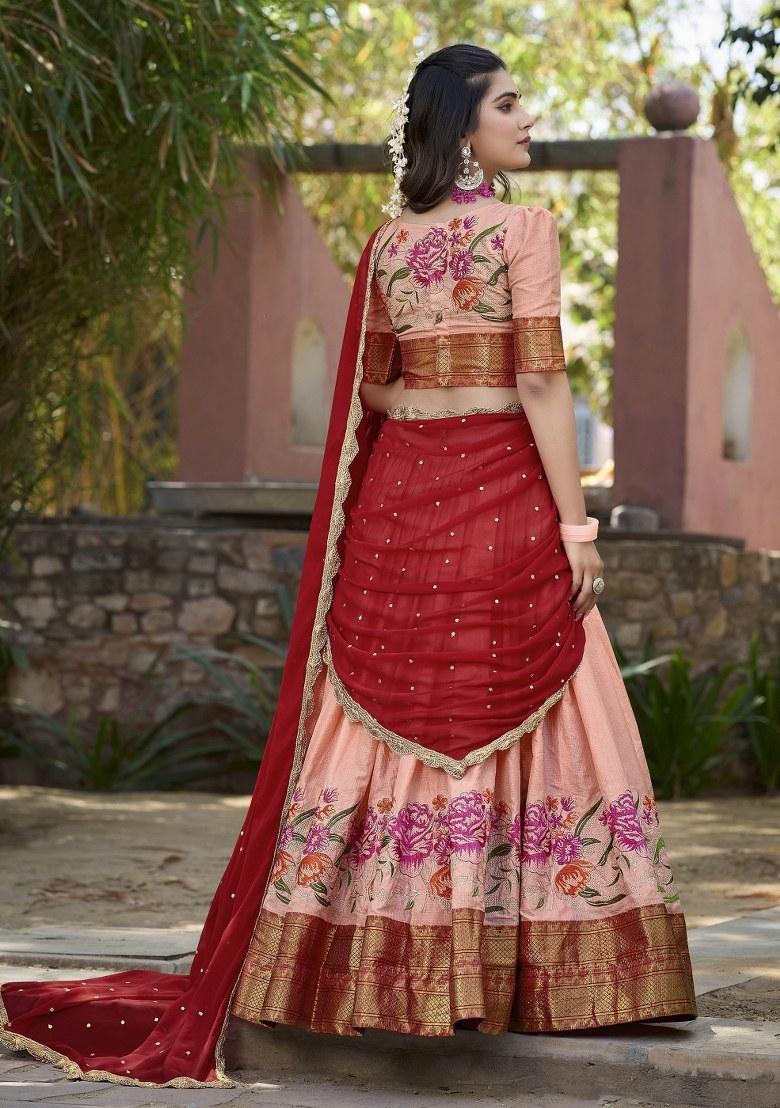 Peach Embroidered Cotton Lehenga Set With Dupatta